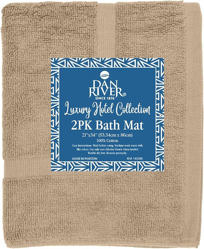 DAN RIVER Classic Cotton Bath Mats Set of 2 – Not a Bathroom Rug, Ultra Soft, Highly Absorbent & Machine Washable Bath Mat Towel for Bathroom Floor Mat – Durable, Quick-Dry, 21x34 Inches, Tan