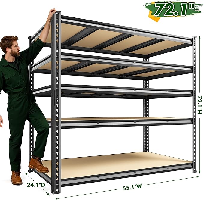 55.1" W Garage Shelves 2230LBS Storage Shelves, 5 Tier Adjustable Metal Shelving, Garage Shelving for Storage, Basement, Warehouse, Pantry, Kitchen, 55.1" W x 24.1" D x 72.1" H, Black, 2 Pack