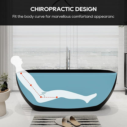 SJ STAR&JANE 67" Solid Surface Freestanding Bathtub Oval Stone Resin Soaking Tub Modern Stand Alone Tub with Overflow & Pop-up Drain, Matte Black for Bathrooms