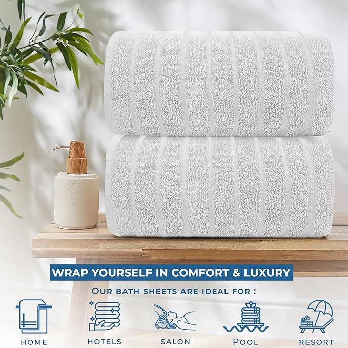 DAN RIVER Pack of 2 Bath Sheet 35x70 Inches, Super Soft Quick Dry Ribbed Cotton Towels, Luxury Oversized White Bath Towels