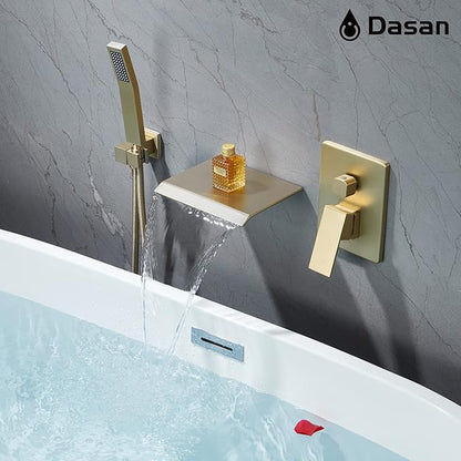 Upgraded Wall Mount Tub Filler Faucet with Handheld Shower, DASAN Modern Wall Mounted Bathtub Faucet Brushed Gold High Flow Waterfall Tub Faucet with Rough in Valve, SA-TF04WH-BG