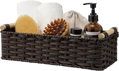 GRANNY SAYS Wicker Baskets for Shelves, Wicker Baskets for Storage, Waterproof Toilet Basket Tank Topper, Basket Organizer with Handle, Toilet Paper Basket for Back of Toilet, 14¼" x 6½" x 4¼", Brown