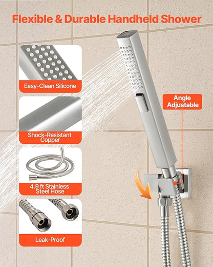 VEVOR Shower Faucet Set, 10 Inch Ceiling Mount Rainfall Shower System with 6 Inch Wall Mount Head and 2 in 1 Handheld Spray, Rotatable 3-Function Dual Rain Head Brass Valve & Trim Kit, Brushed Nickel