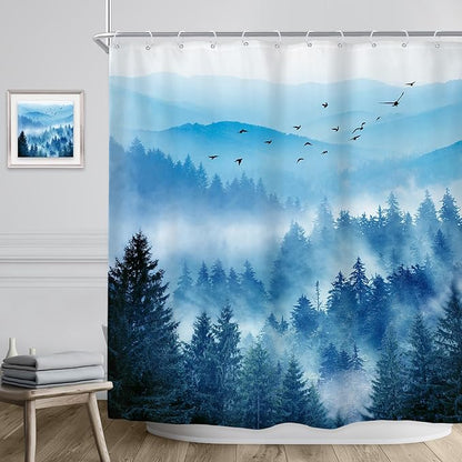 Riyidecor Navy Blue Mountain Shower Curtain 72Wx84H Inch Extra Long Woodland Scenery Park Scene View Natural Foggy Pine Tree Alpine Cool Men Bathroom Decor Fabric Polyester Waterproof 12 Pack Hooks