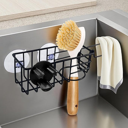Sponge Holder Smile Face with Dish Cloth Hanger for Kitchen Sink, In-sink Caddy Organizer with Suction Cups & Adhesive Strips, Rustproof Sponge Rack for Soap, Brush, Scrubber - Black