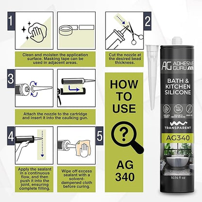 Adhesive Guru AG340 Clear Silicone Sealant (12x10.14 fl oz), 100% Silicone Caulk, Weatherproof & Flexible Adhesive Sealant for Bath and Kitchen, 12 Pack