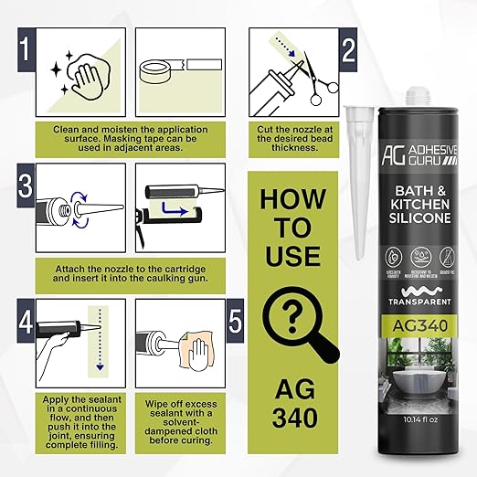 Adhesive Guru AG340 Clear Silicone Sealant for Bath and Kitchen(24x10.14 fl oz), 100% Silicone Caulk, Weatherproof & Flexible Adhesive Sealant, 24 Pack