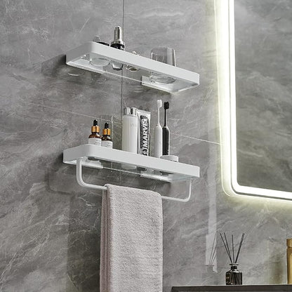 VOLPONE Bathroom Shelves Wall Mounted 2 Tier Glass Floating Shelf - Tempered Glass Wall Organizer (White)