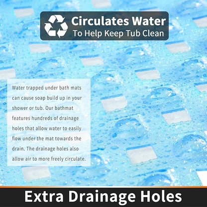 Yimobra Bathtub Mat Non Slip, Super Strong Suction Cups, 27.5"x15.5" Long Shower Mat with Drain Holes, Machine Washable Fast Draining Bath Mats, Bathroom Essentials,Clear Blue