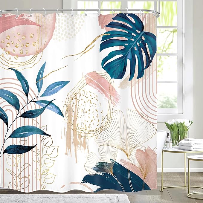 Pink Blue Boho Shower Curtain Modern Abstract Tropical Palm Leaves Bohemian Minimalist Gold Leaf Mid Century Plant Botanical Bathroom Decor 72Wx72H Bath Curtain Fabric Polyester 12 Pack Hooks