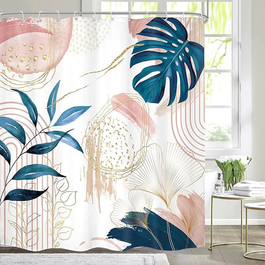 Pink Blue Boho Shower Curtain Modern Abstract Tropical Palm Leaves Bohemian Minimalist Gold Leaf Mid Century Plant Botanical Bathroom Decor 72Wx72H Bath Curtain Fabric Polyester 12 Pack Hooks