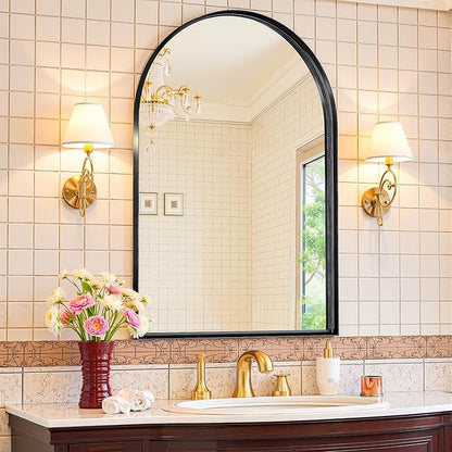 Arched Mirror 24"x36", Bathroom Mirror, Wall Mounted Vanity Mirror with Arch Metal Frame for Bathroom, Over Sink, Bedroom, Living Room, Deep Frame, Black