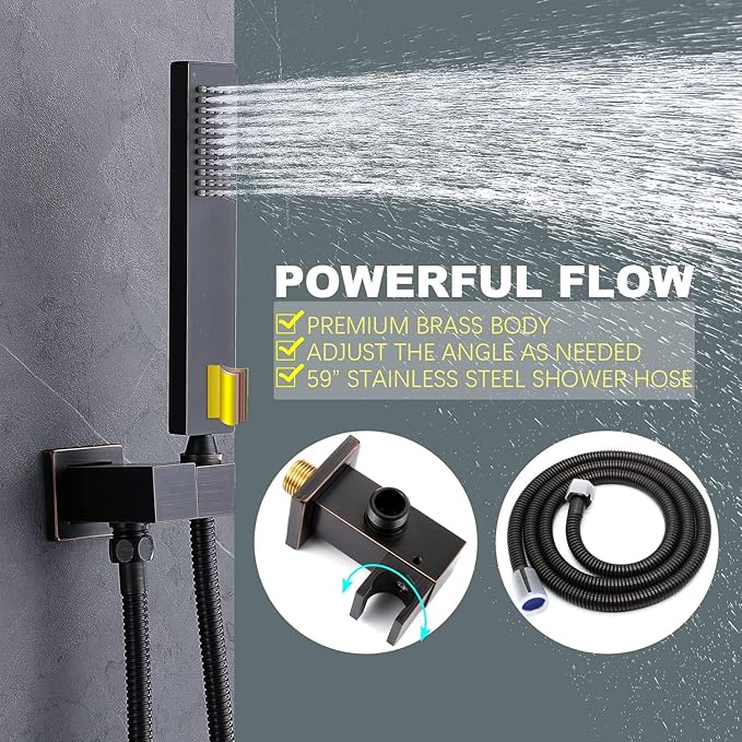 Temperature Display Oil Rubbed Bronze Shower System, Push Button Shower Faucet with Handheld Spray, Ceiling Mount 12 Inch and 8 Inch Wall Mount Shower Head, 6 PCS Body Jet