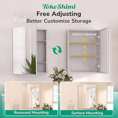 TokeShimi 48x26 Recessed Medicine Cabinet with Mirror Aluminum, Silver Tempered Frameless Bathroom Mirror with Storage Adjustable, White Wall Mounted Medicine Cabinet for Bathroom Farmhouse