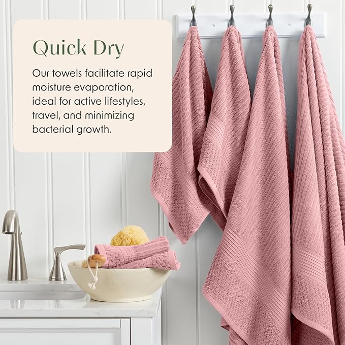 Springtree Home 100% Cotton Bath Towel Set | 6 Piece Set | Absorbent & Quick-Dry Bath Towels | Textured and Durable Cotton | Krista Collection - Bridal Rose