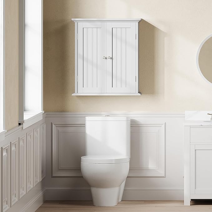 ChooChoo Bathroom Wall Cabinet Set of 2, Over The Toilet Space Saver Storage Cabinet, Medicine Cabinet with 2 Door and Adjustable Shelves, Cupboard, White