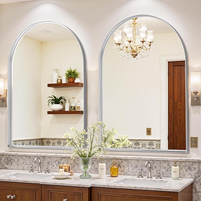 Arched Mirror 26"x38", Bathroom Mirror, Wall Mounted Vanity Mirror with Arch Metal Frame for Bathroom, Over Sink, Bedroom, Living Room, Deep Frame, Silver