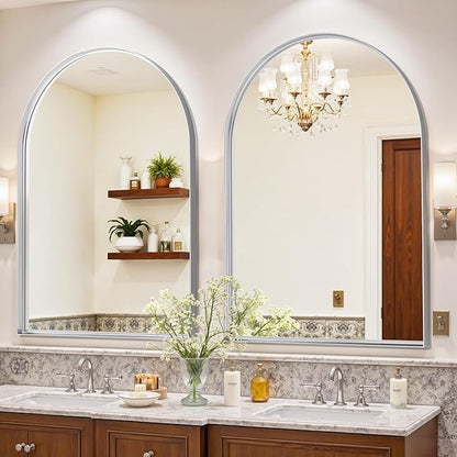 Arched Mirror 26"x38", Bathroom Mirror, Wall Mounted Vanity Mirror with Arch Metal Frame for Bathroom, Over Sink, Bedroom, Living Room, Deep Frame, Silver