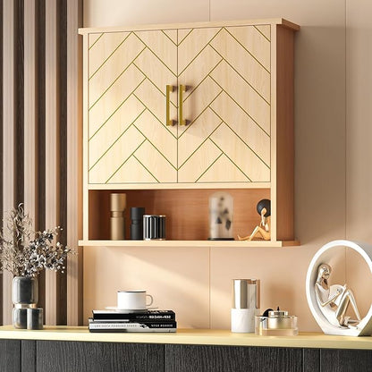 Natural Chevron Pattern Bathroom Wall Mount Cabinet, Gold Accent Hanging Medicine Cabinet with Open Shelf, Over The Toilet Storage Organizer for Home (23 5/8" x 22 7/8" x 15 3/4")