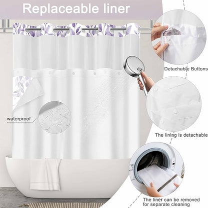 No Hook Shower Curtain and Liner Set, Light Purple Eucalyptus Floral Shower Curtains for Bathroom, Bath Curtain Sets with Snap in Liner, Waterproof with See Through Top Window, 71x84 Inches