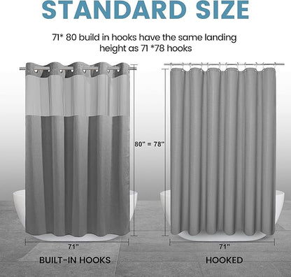 Long No Hook Shower Curtain with Snap in Liner,230GSM Waffle Weave Shower Curtains for Bathroom,71W x 80H(78"),Grey