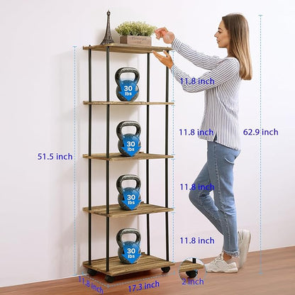 GETALL 5 Tier Bookshelf with Wheels, Tall Bookcase for Small Spaces, Solid Wood Narrow Shelf, Corner Book Shelf Storage Organizer for CDs, Movies, Movable Shelfing Unit for Bedroom, Living Room