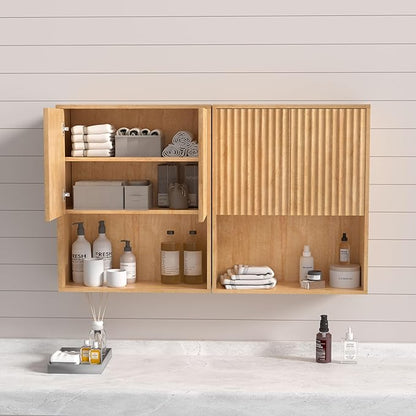 Fluted Bathroom Wall Cabinet Over The Toilet Storage,Wall Mounted Cabinet with Adjustable Shelf,Floating Cabinet Organizer Hanging Cabinet,Kitchen and Laundry Room Cabinets (Oak-2 PCS)