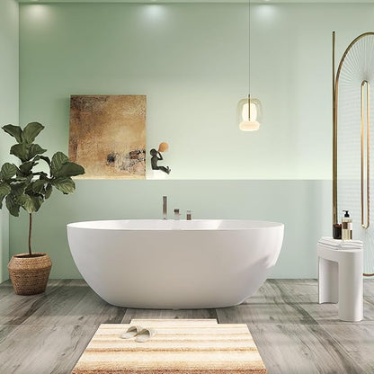 63" Premium Solid Surface Freestanding Bathtub with Three Holes Faucet, Contemporary Design Stand Alone Stone Resin Tub with Overflow and Pop-up Drain, Matte White