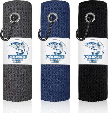 3 Pack Microfiber Fishing Towels with Clip, 16" X 16", Waffle Pattern for Effective Cleaning of Fishing Gears or Dirty Hands, Perfect for Camping Towels and Hiking Towles, Grey/Blue/Black