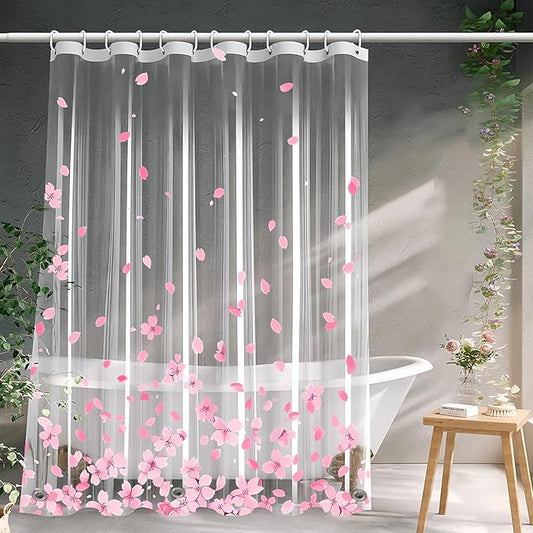 Clear Pink Floral Shower Curtain Liner, Cute Plastic Transparent Cherry Blossom Shower Curtain, Girly Flower Petals Spring Shower Curtains for Bathroom, 72x72 Shower Curtain Set with Magnets 12 Hooks