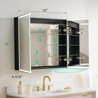 WELLFOR 36" X 30" LED Mirrored Medicine Cabinet, Medicine Cabinets with Lights for Bathroom, Defogging Function Mirror Cabinet, Bathroom Medicine Cabinet with USB Port & Outlet, Double Doors