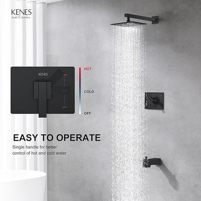 KENES Matte Black Tub Shower Faucet Set Complete with 10-Inch Rainfall Shower Head and Tub Spout, Square Tub and Shower Trim Kit, KE-6024A-2 (Shower Valve Included)