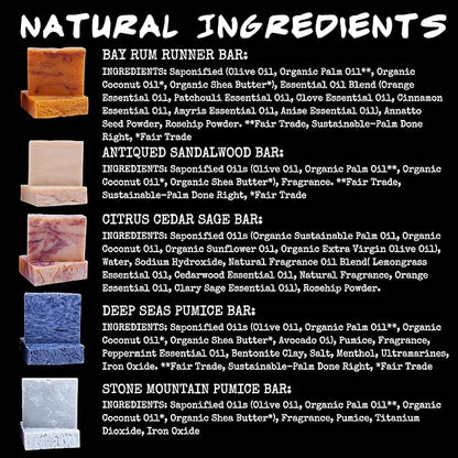 BLUEBYRD SOAP Men's Natural Bar Soap Gift Set (5 Bars) | Masculine Soap Bars Variety Pack - Bay Rum, Citrus Cedar Sage, Sandalwood, Frankincense, Exfoliating Pumice (Mens Original)
