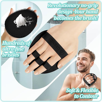 Silicone Back Scrubber & Soft Bath Glove 2PCS, 16''- 21''Extendable Back Scrubber with Dual-Side Large Head, 360° Anti-Slip Hand-fit Silicone Body Scrubber for Rich Foaming Deep Cleaning(Black)