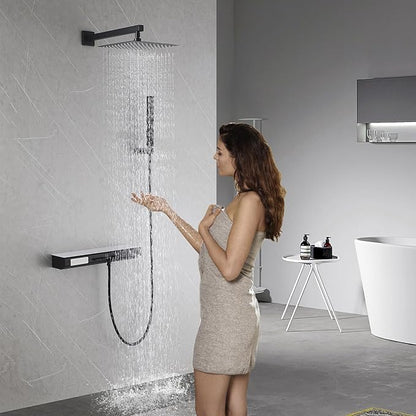 Matte Black Rain Shower System Combo: 10" Wall-Mounted Shower Fixtures with 2-in-1 Handheld Spray, Shower Valve with Body Jets, and Waterfall Spout Shower Faucet Set