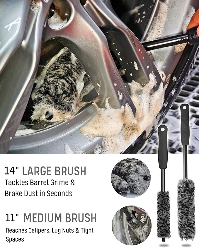 7PCS Pro-Grade Wheel Cleaning Kit: Long Handle Soft Wheel Brushes, Detailing Brush, Tire Scrubber, Wash Mitt, Hex-Logic Applicator & Microfiber Towel for Deep Car Detailing