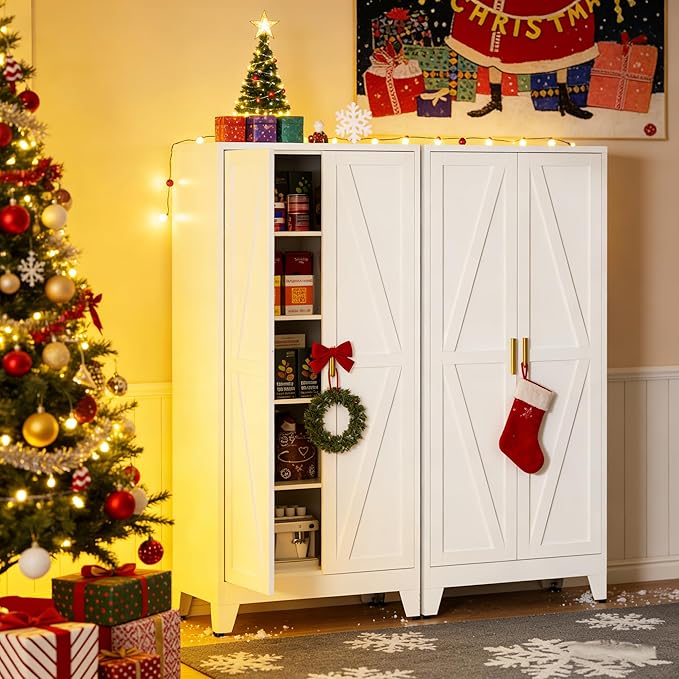 Metal Kitchen Pantry Cabinet,71" White Farmhouse Storage Cabinet with 2 Vintage Barn Doors and 4 Adjustable Shelves, Rustic Freestanding Cupboard for Kitchen,Home Office Living Room,Dining Room