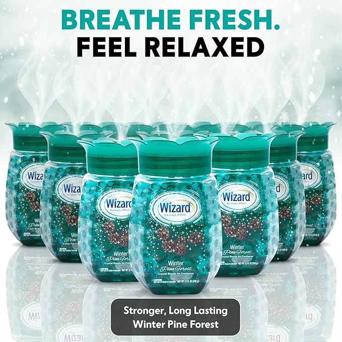 12 WIZARD Odor Eliminator Gel Beads - 12 oz, Air Freshners For Bathroom, Rooms, Per Areas and Car Freshner - Winter Pine Forest