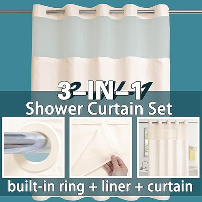 Conbo Mio Extra Long No Hook Shower Curtain with Snap in Liner Set, Hotel Luxury Beige Fabric Shower Curtains for Bathroom with See Through Top Window, Washable, Waterproof 71W x 84H