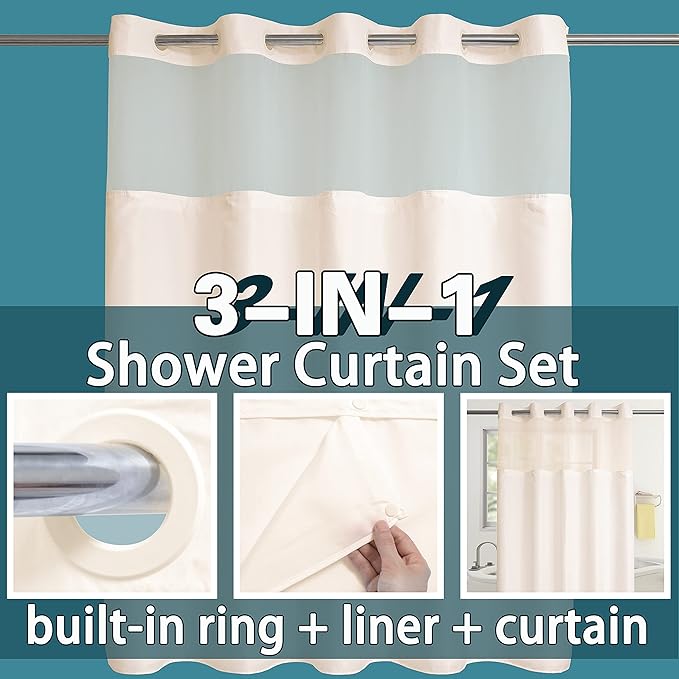 Conbo Mio No Hook Shower Curtain with Snap in Liner Set, Hotel Luxury Beige Fabric Shower Curtains for Bathroom with See Through Top Window, Washable, Waterproof 71W x 74H