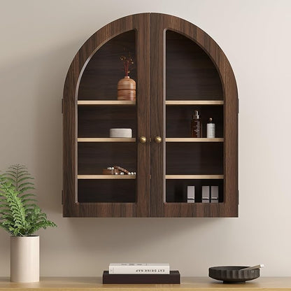 Large Arched Bathroom Wall Cabinet Wooden Medicine Cabinet with Acrylic Doors Farmhouse Wall Mounted Cupboard Display Storage Organizer for Laundry Room, Dining Room, Brown