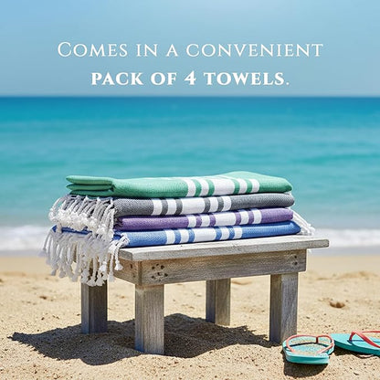 Turkish Cotton Beach Towel Pack of 4 & 1 Boho Tote Bag - Hammam Towels - No Shrink - Quick Dry - Lightweight - Sand Free - Camping - Pool - Beach Essentials - Blue,Gray,Purple, Green (40"x70")