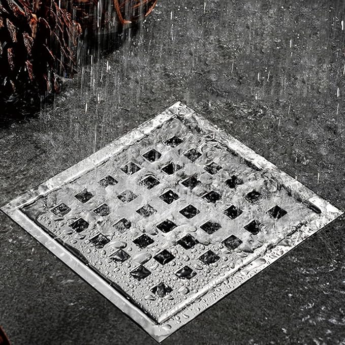 4 Inch Square Shower Floor Drain with Flange,Quadrato Pattern Grate Removable,Food-Grade SUS 304 Stainless Steel,Brushed Nickel