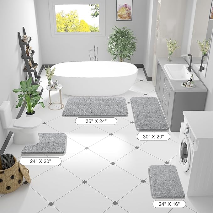 OLANLY Bathroom Rugs 47x17, Extra Soft Absorbent Chenille Bath Rugs, Rubber Backing Quick Dry, Machine Washable Bath Mats for Bathroom Floor, Tub and Shower, Home Decor Accessories, Light Grey