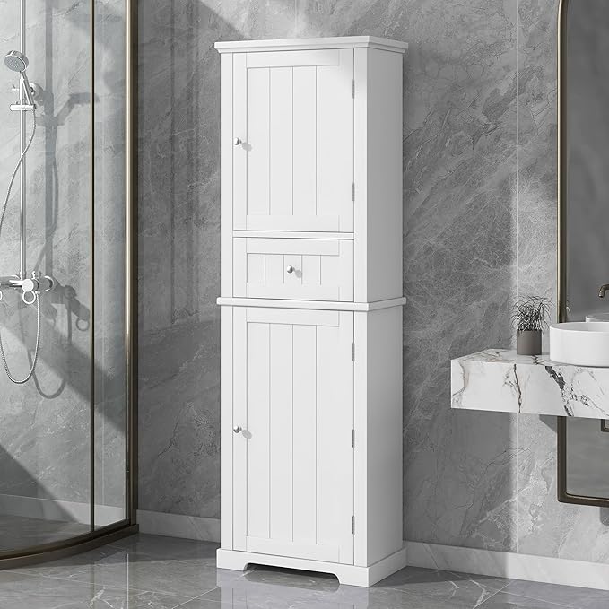 Favfurish Tall Bathroom Storage Cabinet with Doors and Drawer,Modern Linen Cabinets w/Adjustable Shelf & Anti-Toppling Device,Freestanding Narrow Cabinet for Bathrooms,Living Room, Entryway,White