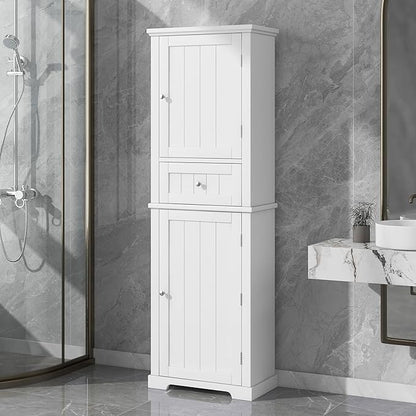 Favfurish Tall Bathroom Storage Cabinet with Doors and Drawer,Modern Linen Cabinets w/Adjustable Shelf & Anti-Toppling Device,Freestanding Narrow Cabinet for Bathrooms,Living Room, Entryway,White