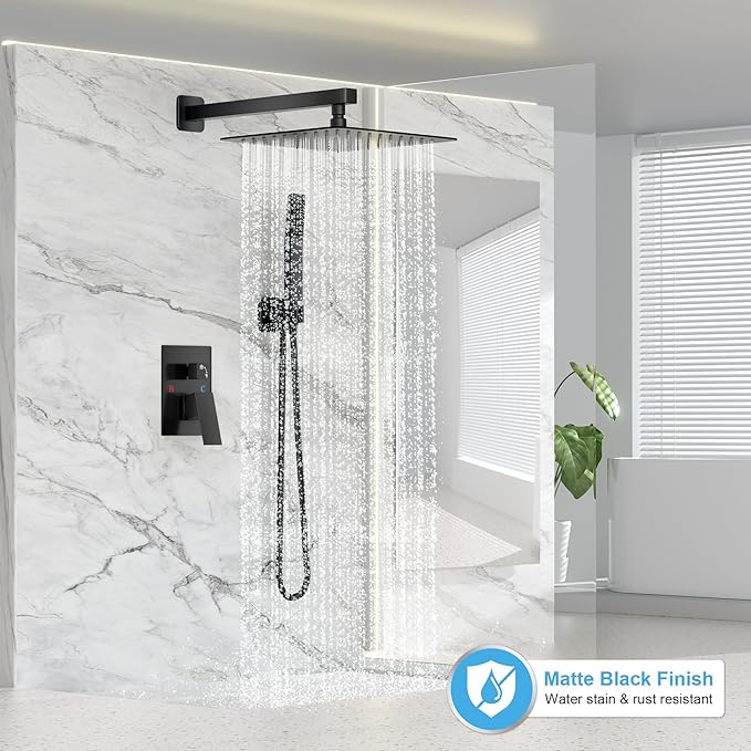 Black Shower Faucet Set, Rainfall Shower System with Square Shower Head and Handle Set, Wall Mounted Shower Fixtures, Full Metal Trim Repair Kit 8 inch Matte Black (With Shower Valve)