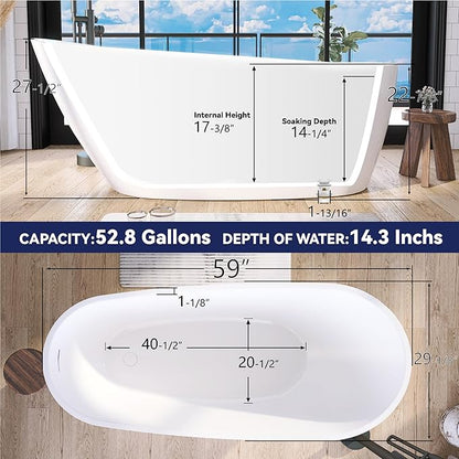 59" Acrylic Free Standing Tub, Stand Alone Tub, Freestanding Bathtub, Soaking Bathtub, cUPC Certified, CM(Glossy White)