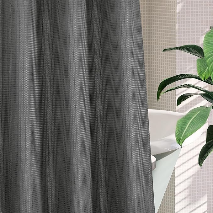 MitoVilla No Hooks Needed Extra Long Shower Curtain Liner Set, Grey 86 inch XL Heavyweight Waffle Fabric Cloth Shower Curtains Set with Snap-in Liner for Modern Luxury Hotel & Spa Bathroom Decor