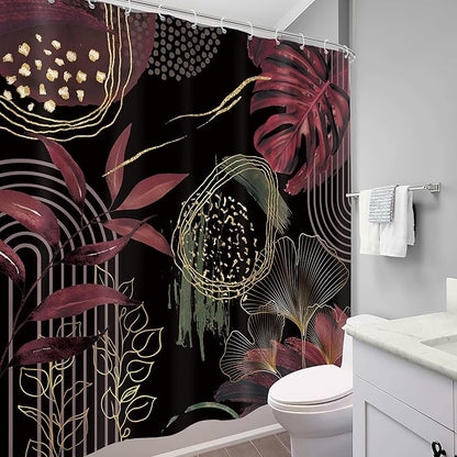 Black Burgundy Boho Shower Curtain 72Wx72H Mid Century Modern Abstract Minimalist Geometric Tropical Palm Leaves Plant Bathroom Decor Gold Arch Bath Curtain Fabric Polyester 12 Pack Hooks